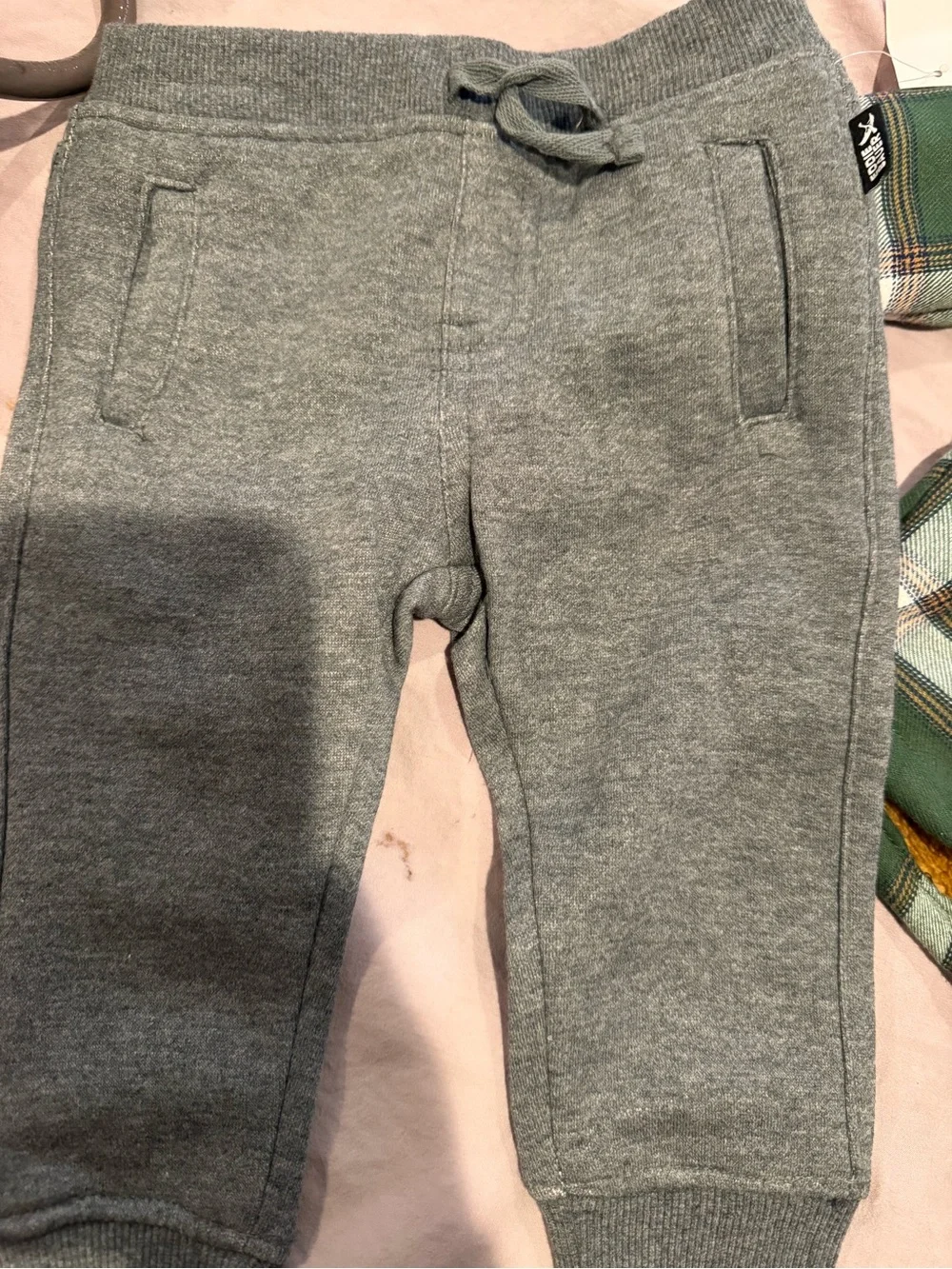 Eddie Bauer Kids Green Plaid Jacket with Gray Joggers & Cream Beanie
